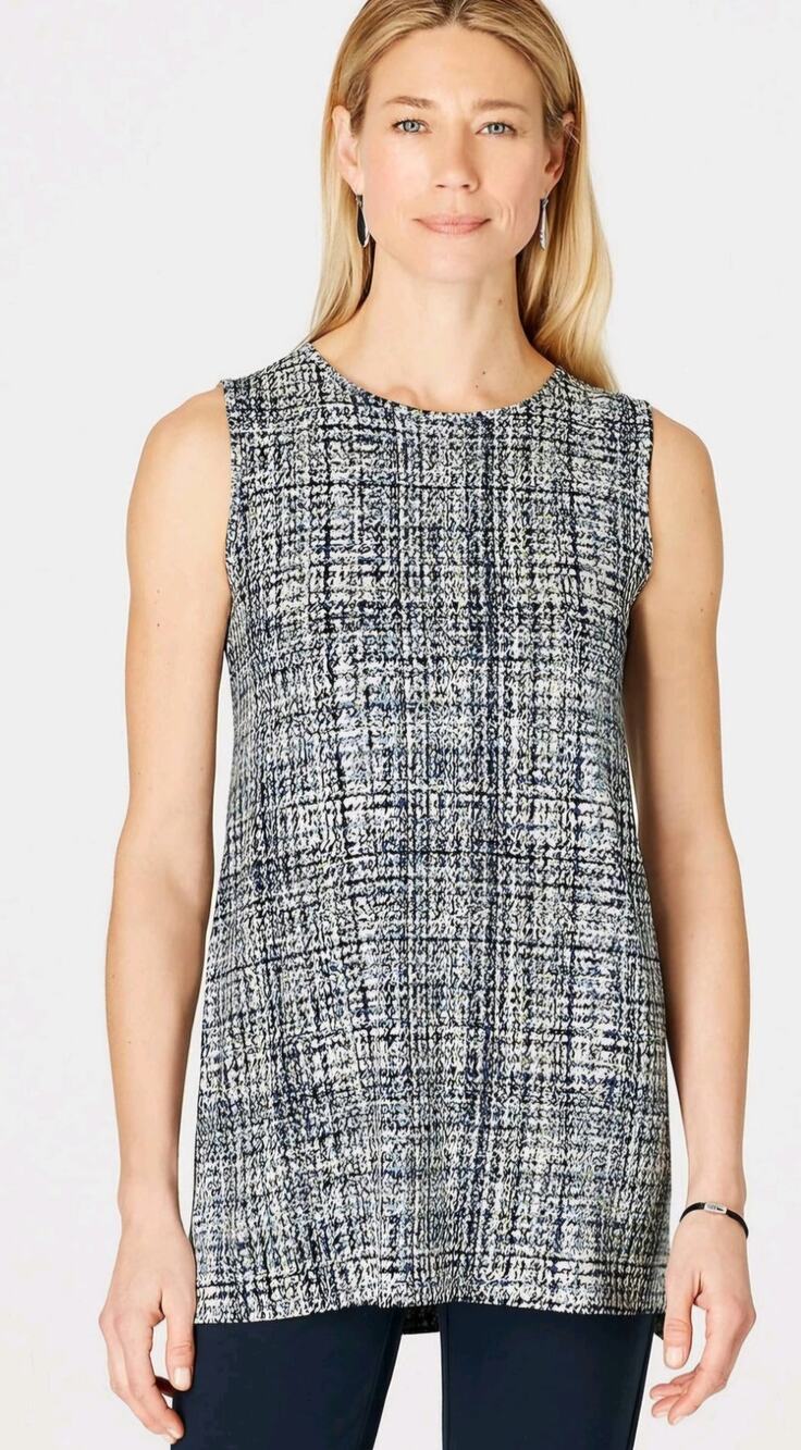 J. Jill Wearever Long Layering Tank Top Large Petite Dusty Indigo Grid Tweed